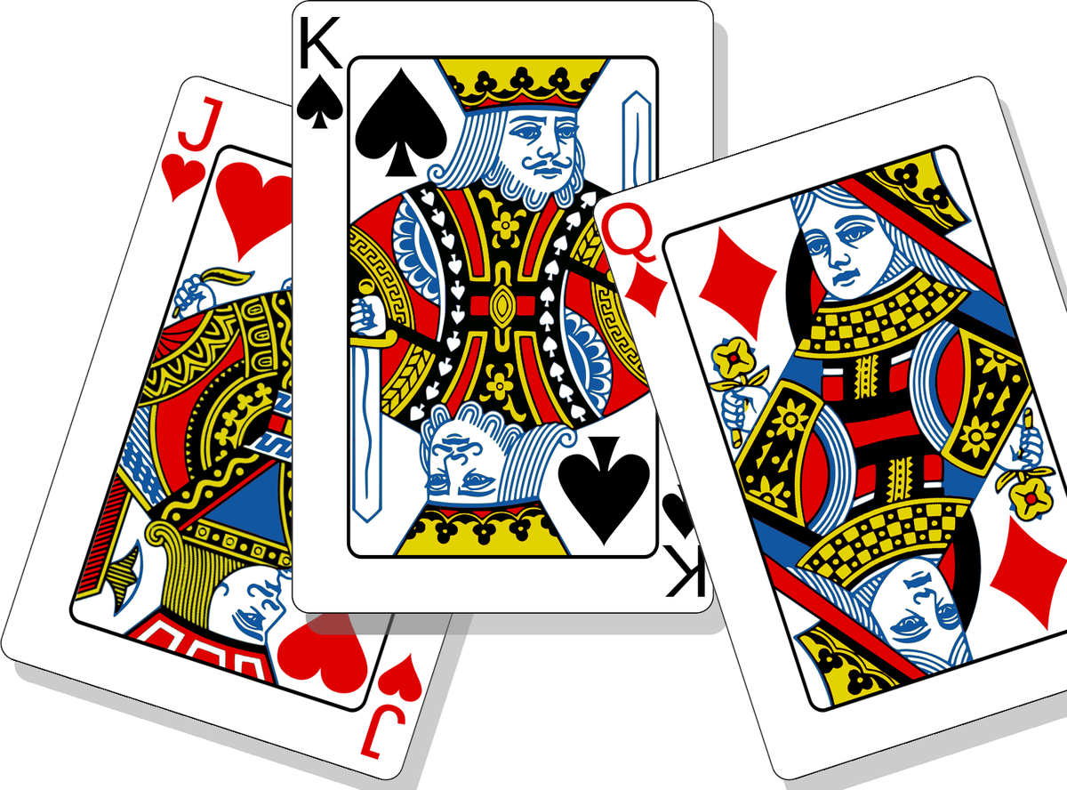 Classic playing cards: Jack of Hearts, King of Spades, Queen of Diamonds